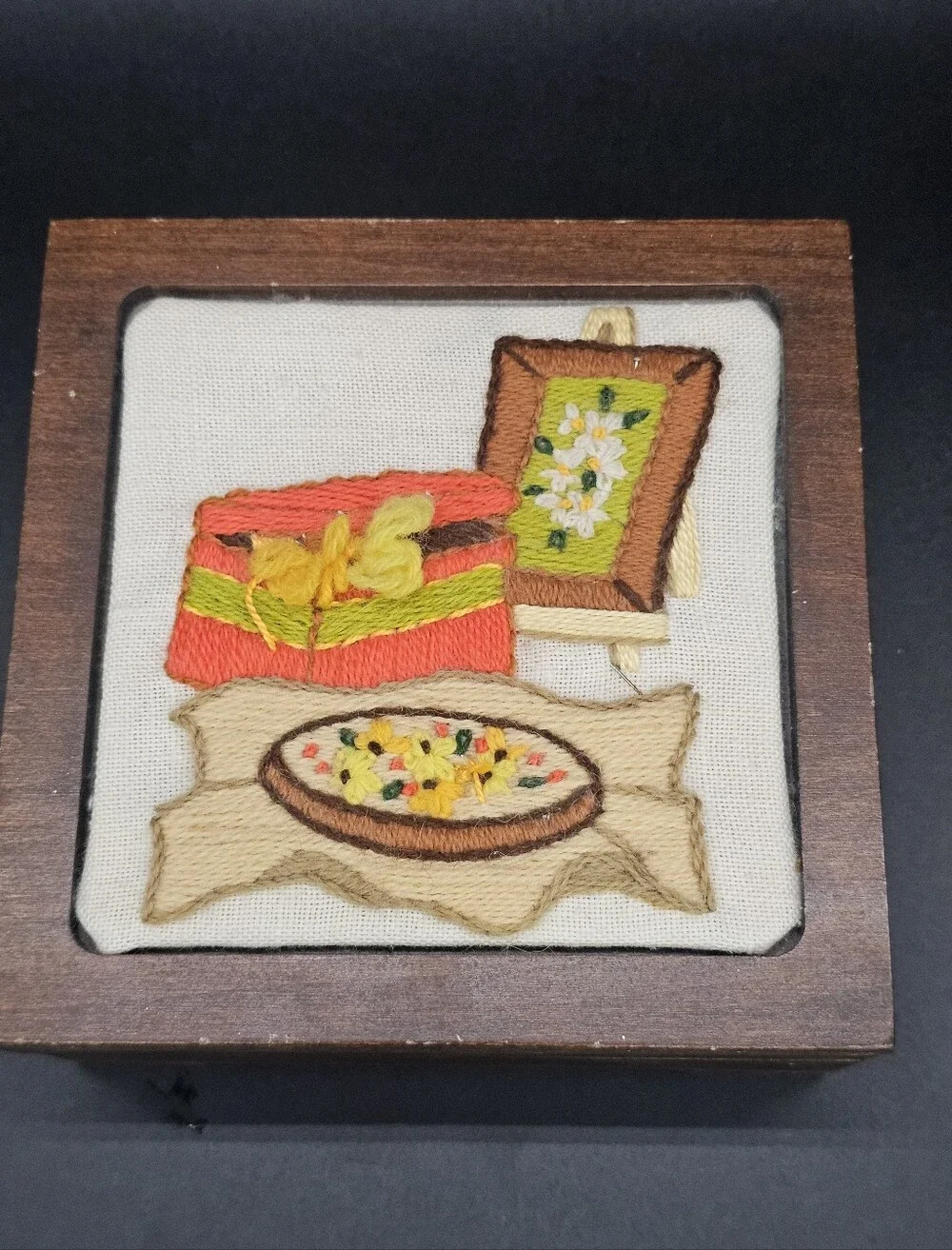 Vintage Embroidered / Crewel Wooden Jewelry Box with Sewing Motif